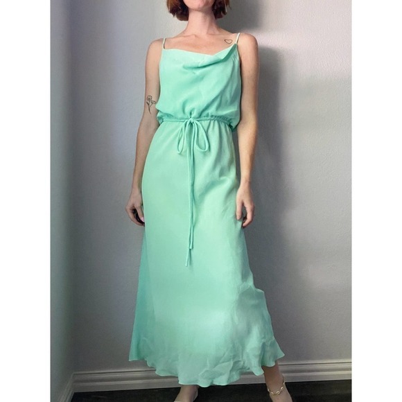Vintage 1970's Green Cowl Neck Flowy Chiffon Midi Slip Dress + Shawl - Picture 4 of 6